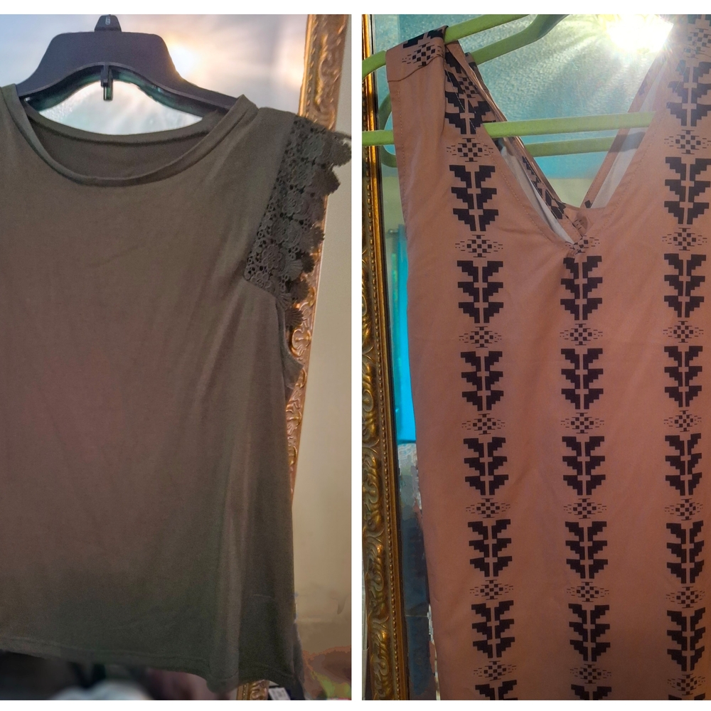 Tank Top Set. Two Tank Tops. Olive Lace Sleeve Top And Geometric Tank Top